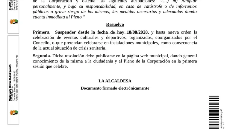 Decreto suspensión de eventos culturais e deportivos